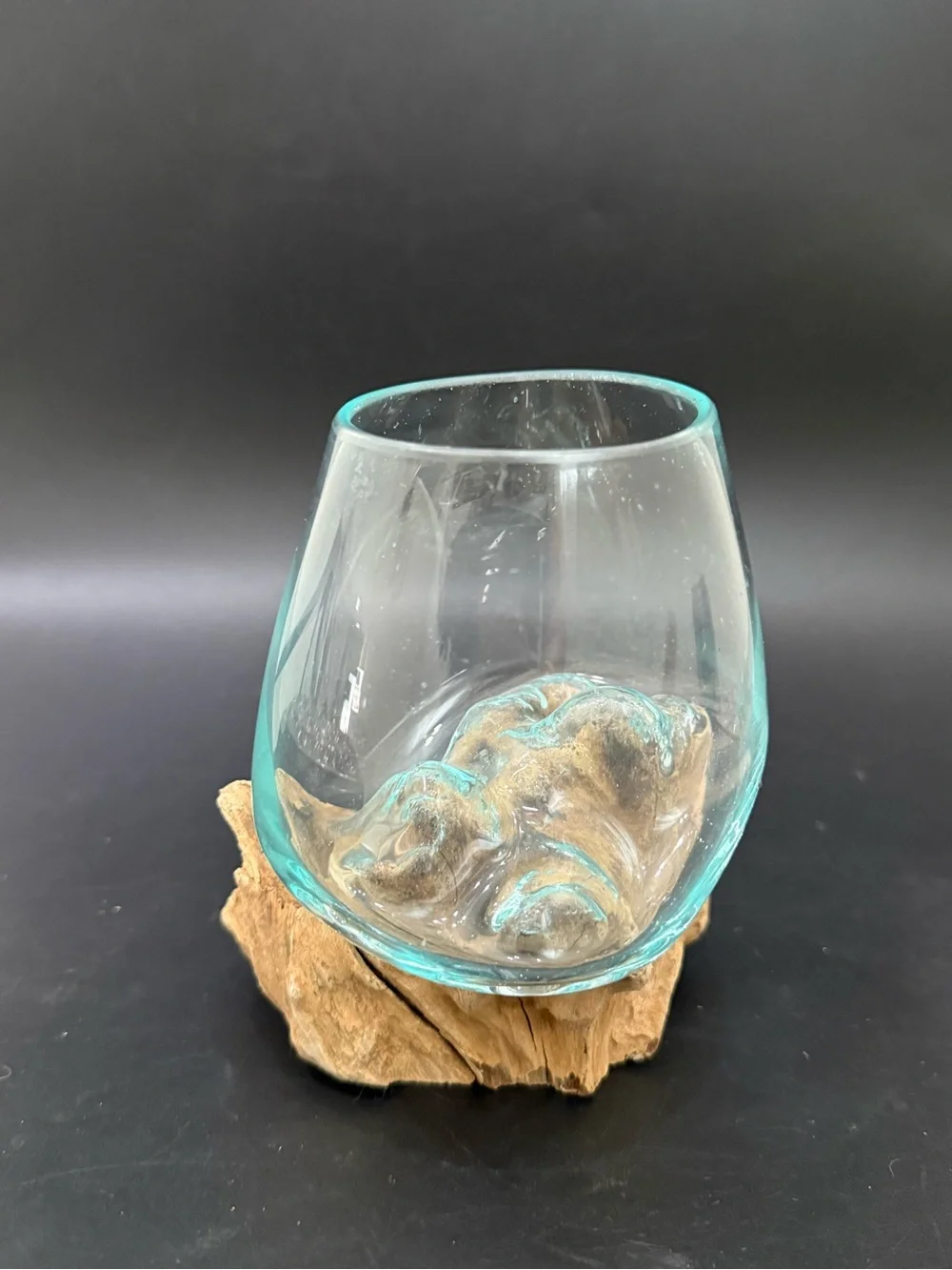 Handcrafted Molten Glass Vase Bowl on Custom Molded Organic Teak Driftwood Base